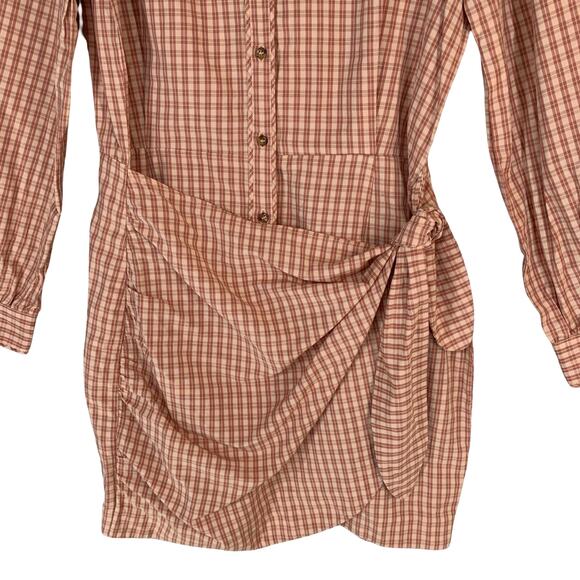 Sezane Jamy Linen Check Shirt Dress Faux Wrap Women 42 Pink Plaid Long Sleeve - Picture 9 of 16